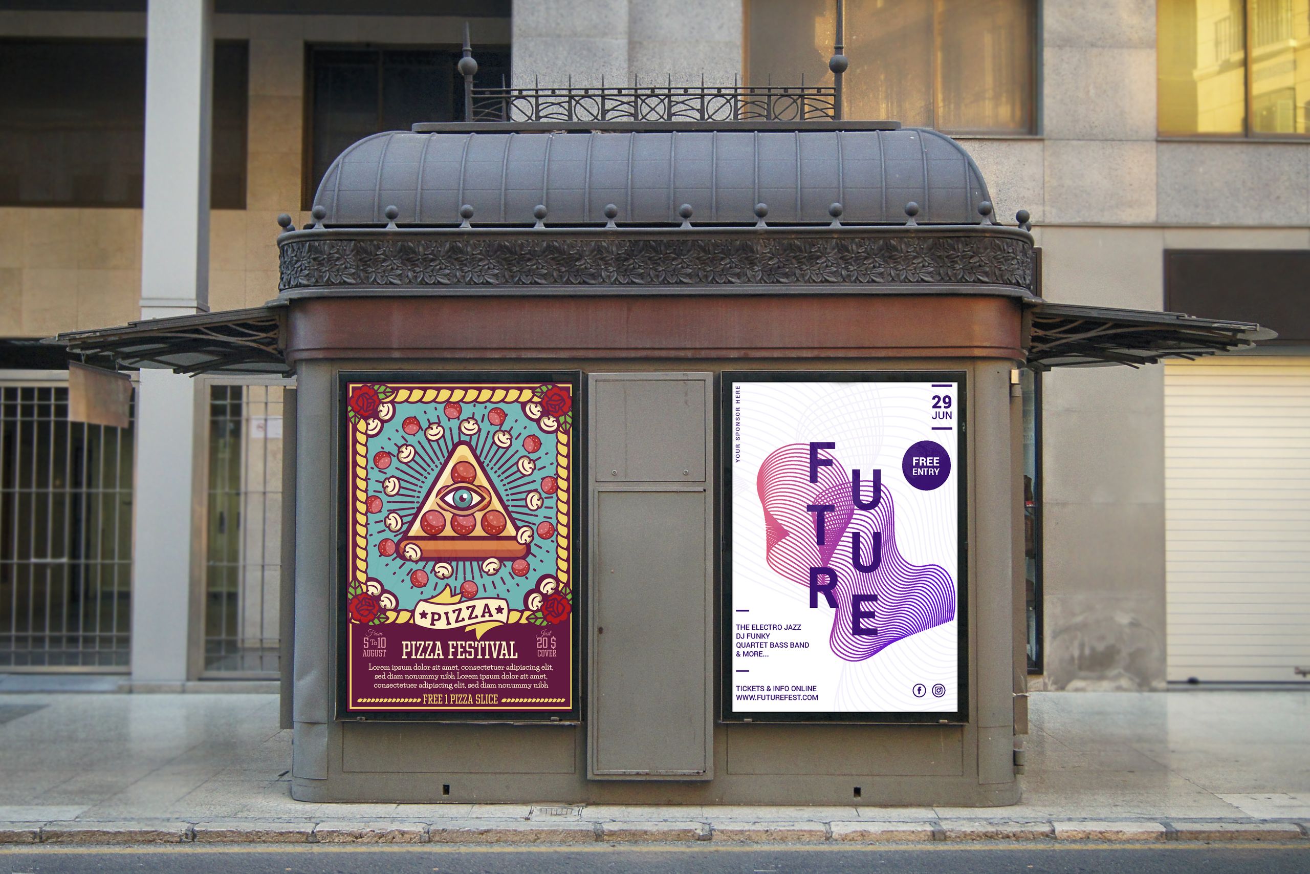 Questa immagine mostra due manifesti vibranti esposti in una cornice pubblicitaria stradale prominente, dimostrando il formato locandina in contesti urbani reali. Le locandine sono strumenti molto efficaci per catturare l'attenzione e comunicare promozioni, annunci di eventi e informazioni sui prodotti ai pedoni. Il posizionamento esterno illustra come questo mezzo massimizza la visibilità e la p…