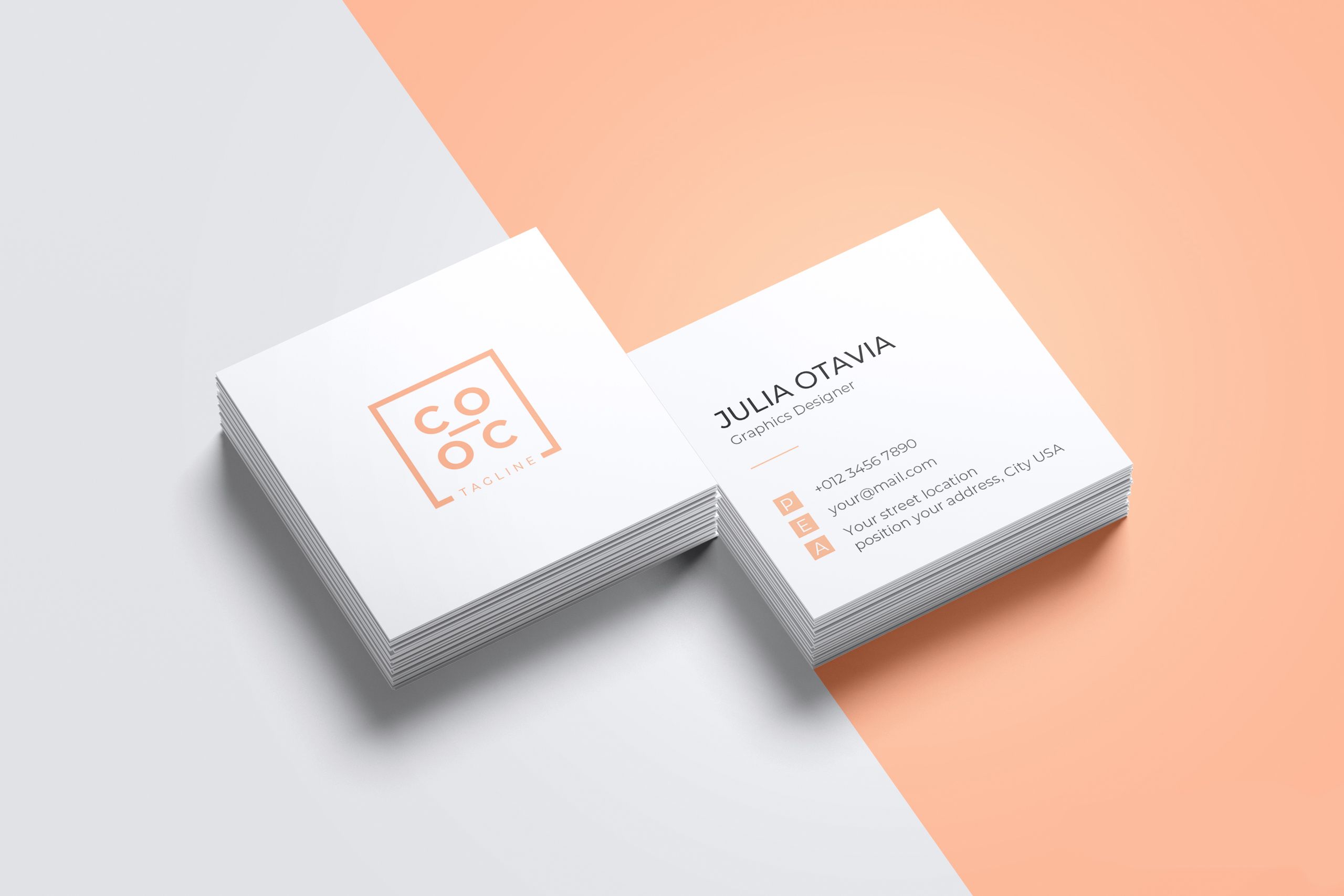 Biglietti quadrati bianchi angoli arrotondati Julia Otavia Graphic Designer logo Cooc oro rosa. Sprint24.
