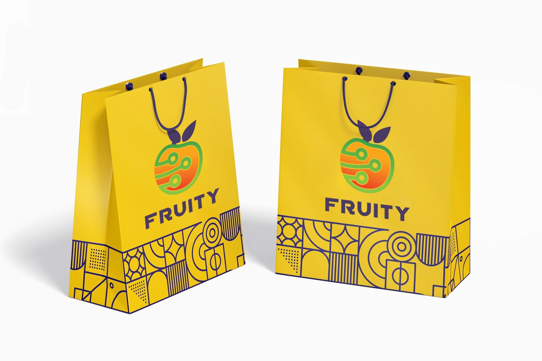 Borsa shopper gialla premium con branding frutta vibrante e elementi di design decorativo. Perfetta per i brand di lusso che cercano borse personalizzate distintive che elevino la presenza del marchio. Ideale per l'imballaggio di prodotti premium e le esperienze di shopping di lusso.