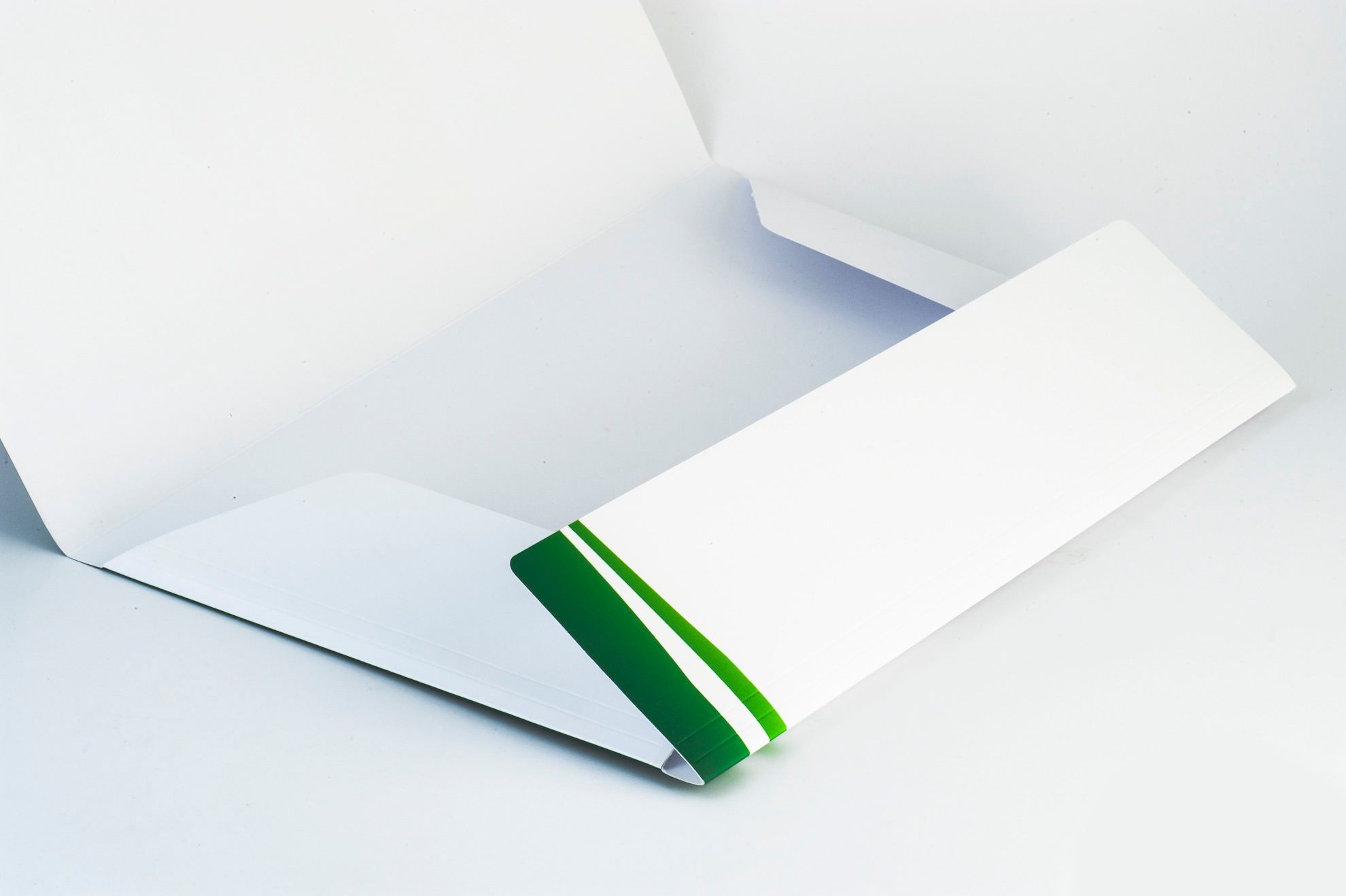 Cartelline premium verde bianco con alette su carta 350g patinata opaca con plastificazione. Sprint24.