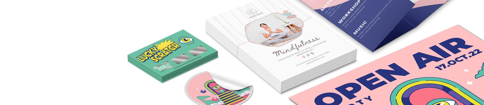 Collage prodotti stampa online: gratta e vinci, volantino mindfulness, poster e adesivo. Sprint24.