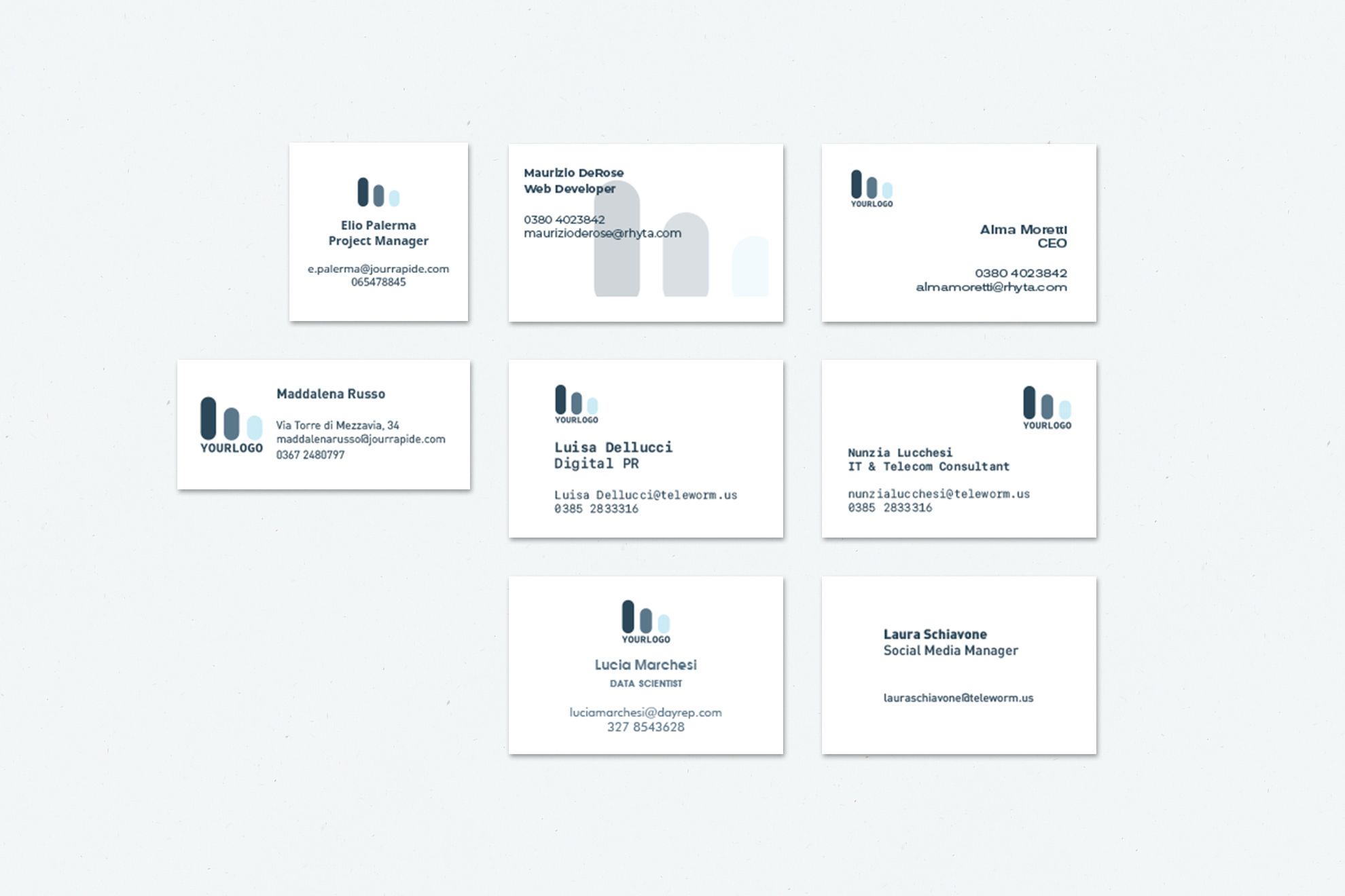 Una griglia di nove layout di biglietti da visita puliti e professionali con design minimalista, segnaposto per il logo aziendale e informazioni di contatto per diversi ruoli. Questi modelli di layout di biglietti da visita di Sprint24 illustrano la gamma di design disponibili per creare e stampare biglietti online. Ogni layout bilancia chiarezza e professionalità, adatto ad aziende e piccole imp…