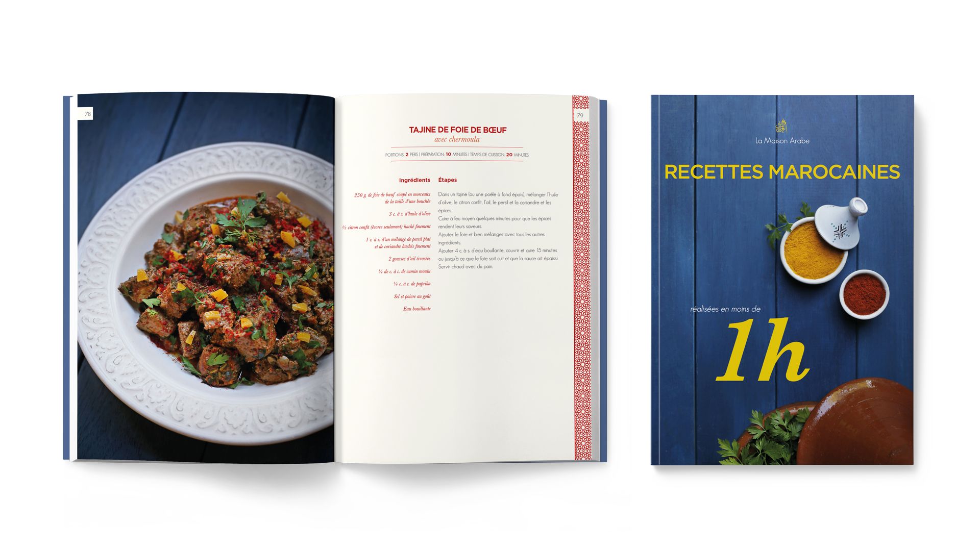 Un libro di ricette cartonato intitolato 'Recettes Marocaines' mostrato aperto con fotografia a piena pagina e layout di ricetta, accanto alla copertina accattivante. Il libro stampato in alta qualità presenta vivaci foto di cibo e tipografia pulita. Esempio ideale di stampa di libri con copertina rigida per libri di cucina.