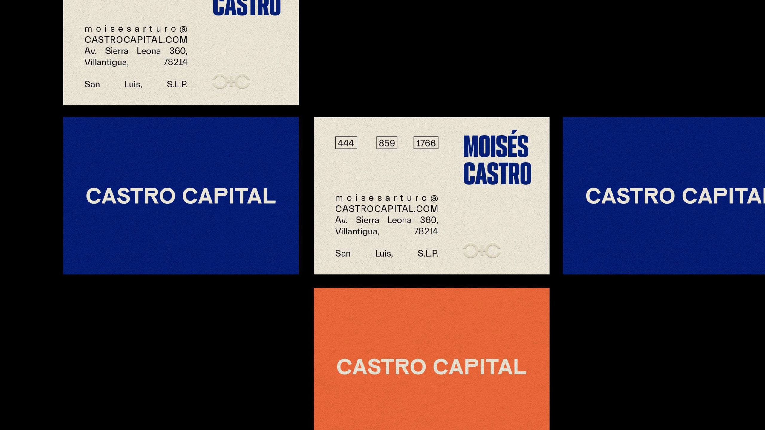 Più campioni di design di biglietti da visita che mostrano lo stesso layout in blu, crema e arancione. Questi mockup dimostrano come diverse palette di colori mantengono coerenza professionale creando impatto visivo per il riconoscimento del marchio. Gli esempi Castro Capital illustrano le dimensioni ottimali dei biglietti da visita e le migliori pratiche di progettazione per stimolare l'interess…