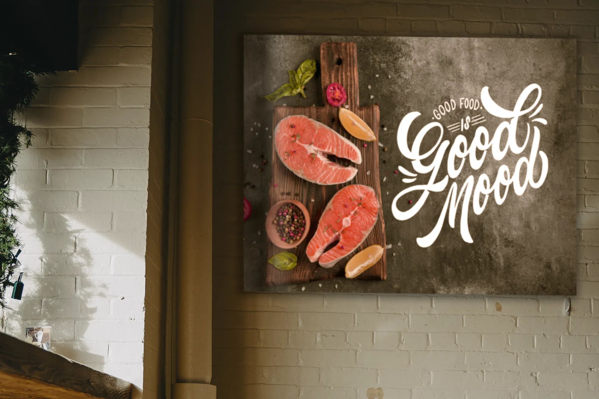 Pannello forex bianco moderno con design minimalista a tema cibo e bevande, tipografia script 'Good Mood'. Ideale per ristoranti, caffetterie e esercizi di ristorazione che desiderano una decorazione murale elegante e contemporanea. Stampa ad alta risoluzione su pannello rigido per branding professionale negli spazi commerciali.