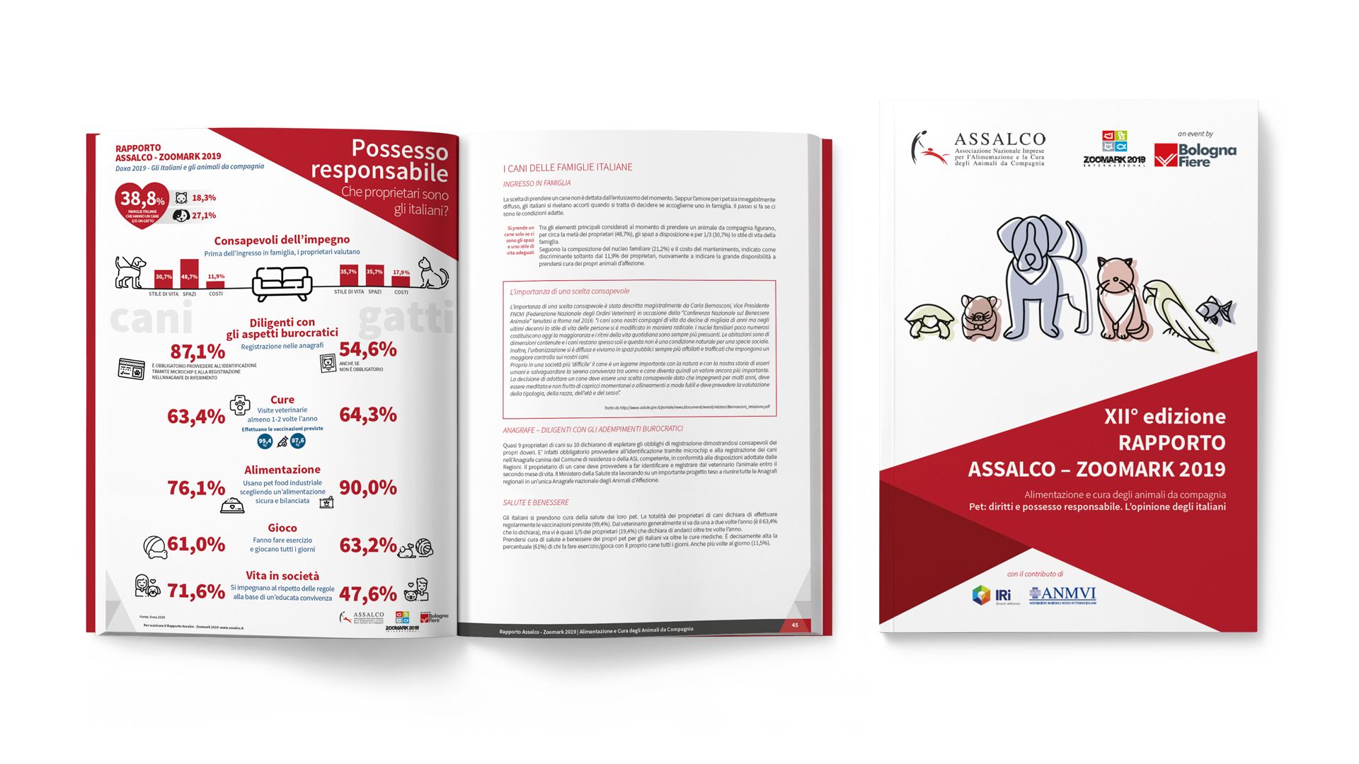 Rapporto annuale Assalco Zoomark stampato professionalmente, mostrato aperto e in copertina con pagine infografiche sulle statistiche del settore pet. Realizzato da grafici professionisti con cura nella impaginazione e visualizzazione dati. Esempio eccellente di stampa editoriale per rapporti di settore e pubblicazioni aziendali.