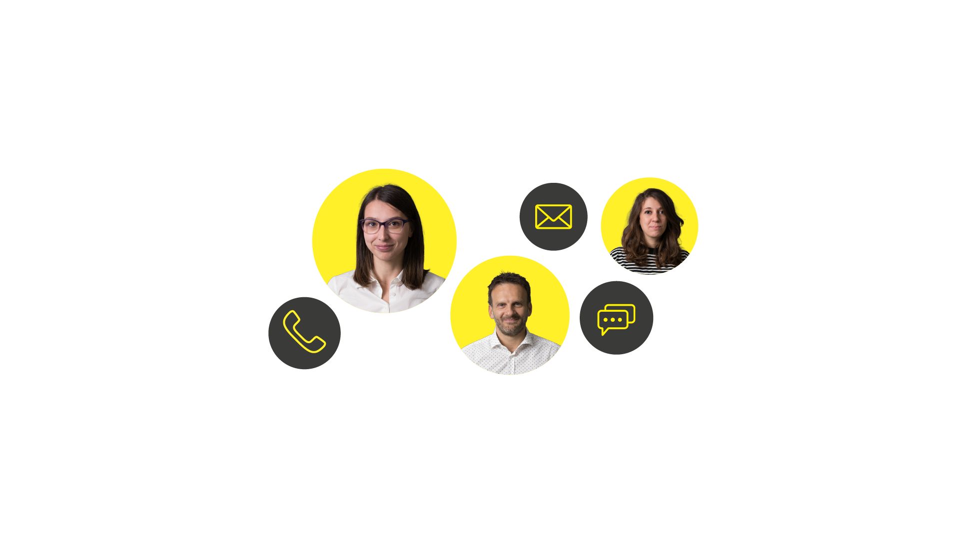 Un'illustrazione del customer care con tre ritratti del team in cerchi gialli accanto a icone di contatto telefono, email e chat su sfondo bianco. Il team di assistenza clienti Sprint24 è disponibile per telefono, email e chat per supporto su preventivi di stampa, verifiche tecniche dei file e assistenza ordini per riviste a punto metallico e tutti i prodotti stampati.