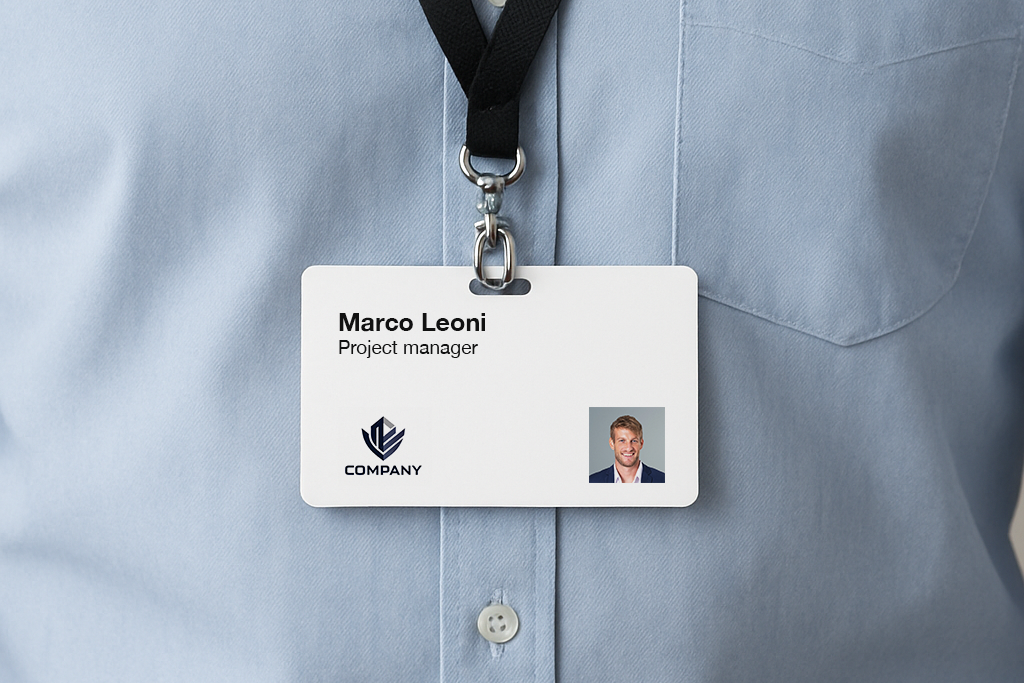 Badge personalizzati progettati per eventi professionali, riunioni aziendali e identificazione del team. Ogni badge include una sezione fotografica chiara, testo personalizzato e branding aziendale su una scheda resistente con tracolla. Completamente personalizzabili dal formato ai materiali, i nostri badge e pass per eventi aiutano a organizzare i partecipanti mantenendo un aspetto professionale.
