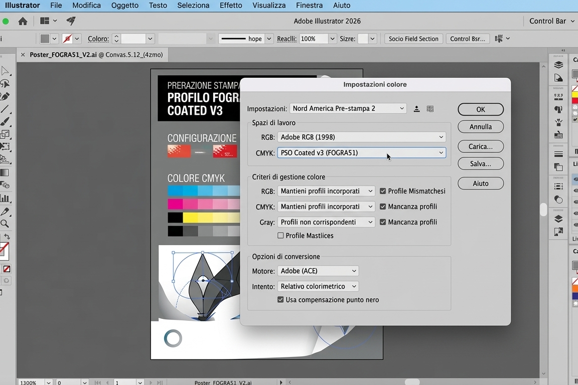 ### Assegna il profilo, non convertire

Se stai usando **Adobe InDesign, Illustrator o Photoshop**, ecco come fare:

1. Vai su **Modifica &amp;amp;amp;amp;gt; Impostazioni Colore**
2. Nel campo *Spazio CMYK*, seleziona **Coated FOGRA39** — oppure, meglio ancora, installa e seleziona **PSO Coated V3 (FOGRA 51)** per le patinate o **PSO Uncoated V3 (FOGRA 52)** per le usomano
3. Clicca OK e r…