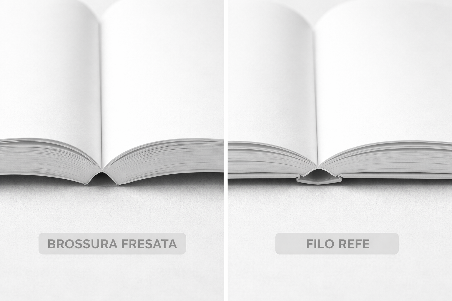confronto-brossura-fresata-filo-refe-libro.jpg: Confronto tra rilegatura a brossura fresata e filo refe per libri offset in alta tiratura