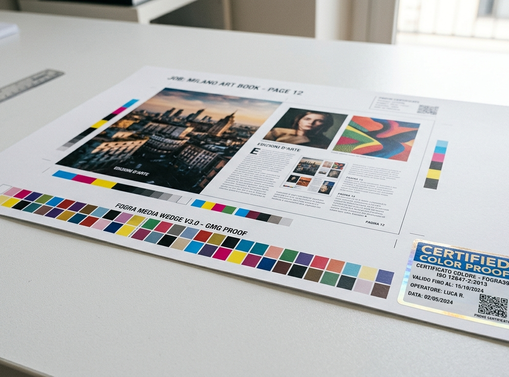 Cos'è la prova stampa colori certificata, quando richiederla in tipografia e perché simula solo la stampa su carta patinata. Standard ISO 12647-7 e Fogra51/52.