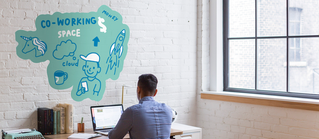 Adesivo murale PVC turchese con grafiche co-working e icone moderne per uffici stimolanti.