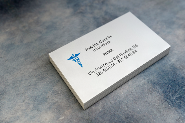 Una pila di biglietti da visita bianchi puliti per 'Matilde Mancini, Infermiera, Roma' con un caduceo medico blu, fotografati su una superficie di pietra testurizzata. I biglietti da visita personalizzati per infermieri con simbolo medico professionale aiutano gli infermieri professionisti e gli operatori di assistenza domiciliare a presentarsi a pazienti e strutture sanitarie con sicurezza e chi…