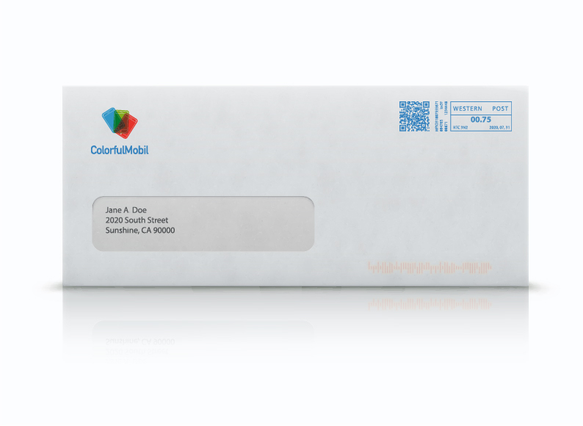 Una busta personalizzata per imbustamento automatico con finestra trasparente che mostra l'indirizzo destinatario 'Jane A. Doe', un logo 'ColorfulMobil' e area affrancatura con QR code. Sprint24 stampa buste con finestra per imbustamento automatico in carta da 80 gr — ideali per bollette, estratti conto, mailing transazionali e spedizioni aziendali massive.