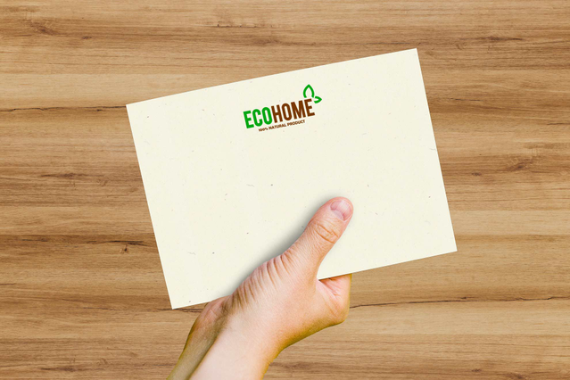 Busta Woodstock Betulla 80% riciclata ECF con logo ECOHOME verde. Mailing eco-brand Sprint24.
