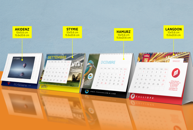 Quattro calendari da tavolo spiralati 7 fogli personalizzabili. Layout mensili disponibili in stili fotografici, minimalisti e colorati per regali aziendali. Perfetto per fidelizzare i clienti e decorare lo spazio di lavoro.