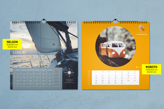 Modelli di calendari da muro 7 fogli personalizzabili con rilegatura a spirale, griglie mensili e opzioni fotografiche integrate. Perfetti per creare calendari aziendali personalizzati, regali aziendali, e decorazione murale con le tue immagini o branding.