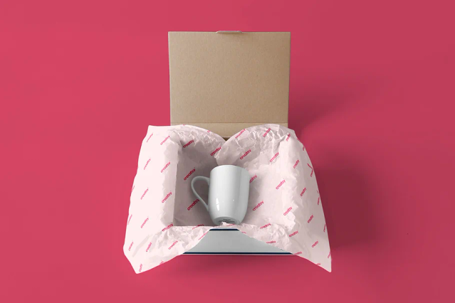 Questa carta da imballo rosa personalizzata con motivo avvolge delicatamente una tazza bianca all'interno di una scatola in cartone kraft. L'imballo personalizzato mostra come la carta da imballo personalizzata protegge i tuoi prodotti creando un'esperienza di apertura premium. Ideale per presentare gli articoli nella carta da imballo personalizzata che valorizza il tuo marchio.