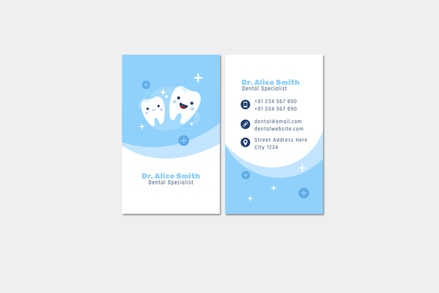 Carte da visita personalizzate per dentista con un design blu giocoso con caratteri dente amichevoli, perfetto per gli studi dentistici che costruiscono un'identità di marca professionale. Queste carte di alta qualità combinano il branding distintivo con le informazioni di contatto pratiche, ideali per i referral dei pazienti e il marketing dello studio. Il design include spazio per il nome del m…
