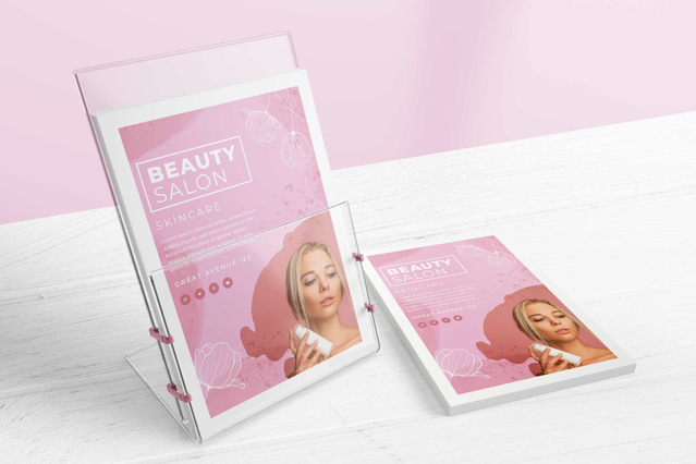 Due cartoline promozionali rosa Beauty Salon — un poster alto incorniciato e una cornice formato tablet — su superficie bianca con sfondo rosa. Sprint24 stampa cartoline extra spesse 400 gr ideali per centri estetici, spa e brand benessere che cercano espositori premium, carte evento e materiali marketing in-store.