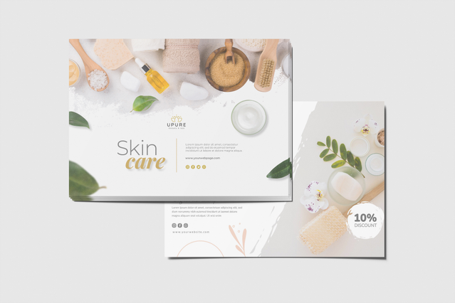 Modello di cartolina personalizzata che presenta un design moderno di prodotti bellezza e cura della pelle con ingredienti naturali e estetica spa. La composizione minimalista con accenti botanici verdi e toni crema è ideale per marchi di cosmetici e servizi di benessere. Personalizza questa cartolina bellezza professionale per promuovere la tua linea di cura della pelle.