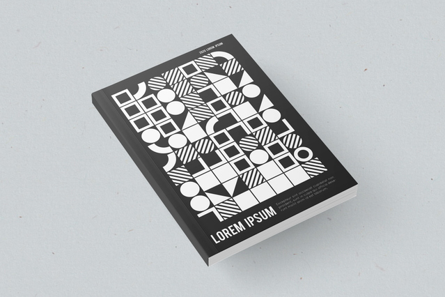 Un catalogo stampato con una copertina geometrica nera e bianca con griglie, cerchi e triangoli in grassetto. I cataloghi stampati personalizzati in rilegatura brossura sono ideali per aziende, rivenditori ed editori che necessitano di un catalogo prodotti professionale, report annuale o brand lookbook — personalizzato con copertina, carta, tipo di rilegatura e plastificazione.