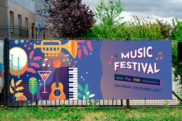 Bannière stampata accattivante che presenta un design vibrant del festival musicale, perfetto per le promozioni di eventi all'aperto. Personalizza i tuoi banner con grafica audace e colori per creare display memorabili per festival, concerti e luoghi culturali. La stampa di qualità professionale garantisce che il tuo messaggio promozionale si distingua.