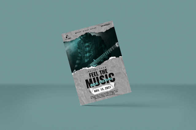 Mockup di volantino personalizzato professionale che mostra risultati di stampa di alta qualità per la promozione di eventi musicali. Questo modello di design dimostra la qualità della stampa economica di volantini online disponibile attraverso il nostro servizio. Ideale per stampare volantini economici e personalizzati per concerti, festival e eventi di intrattenimento con consegna garantita.