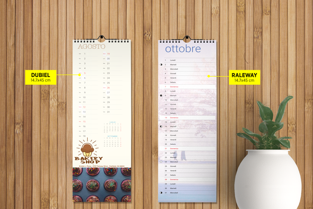 Due modelli di calendari da muro 13 fogli visualizzati su parete in legno con layout mensile e opzioni di design fotografico. Calendari da muro personalizzati per casa e ufficio, disponibili in diversi modelli per la pianificazione annuale e i regali aziendali.