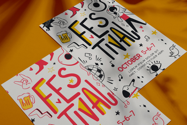Due volantini A3 per un evento festival con vivaci icone musicali disegnate a mano — microfono, cuffie, occhi, stelle, chitarra — e tipografia 'Festival' in grassetto per un evento di ottobre su sfondo dorato. I volantini A3 personalizzati sono lo strumento promozionale di grande formato ideale per concerti, festival musicali, eventi culturali e fiere di strada.