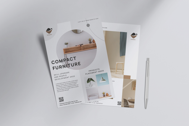 Due volantini A4 per 'Compact Furniture — Skill Upgrade and People Development' con fotografie d'interni circolari, sezioni posizionamento prodotti e tipografia minimalista. I volantini A4 personalizzati sono ideali per rivenditori di mobili, designer d'interni e brand lifestyle per promuovere eventi in showroom, nuove collezioni e lanci di prodotto a basso costo di stampa.