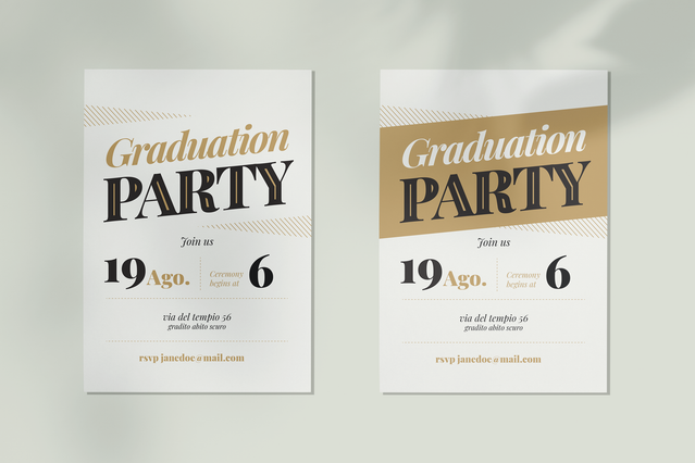 Crea splendidi inviti per feste di laurea con questi eleganti design personalizzati con dettagli dorati e cartoncino premium. Perfetto per celebrare i risultati accademici con cartoncini personalizzati che riflettono l'importanza del tuo evento. Ordina online e goditi stampe di alta qualità a prezzi imbattibili.