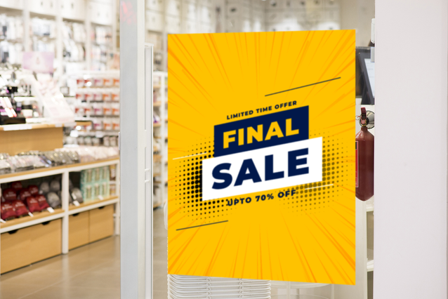 Etichetta PVC giallo ad alto impatto 'Saldi Finali' perfetta per vetrine commerciali e campagne promozionali. Questo adesivo grande offre eccezionale durabilità e resistenza alle intemperie, ideale per applicazioni in vetrina e presentazione di prodotti. I materiali di qualità premium garantiscono colori vivaci e adesione duratura in ambienti retail frenetici.