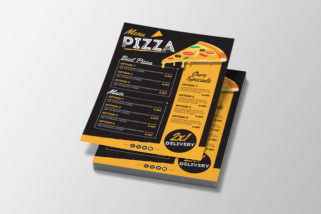 Un flyer A5 dal design audace per un ristorante pizza con sfondo scuro, accenti gialli, illustrazione pizza, sezioni menù e call-to-action per la consegna. Il design ad alto contrasto mostra le potenzialità dei flyer personalizzati per la ristorazione. Stampa flyer promozionali online con Sprint24.