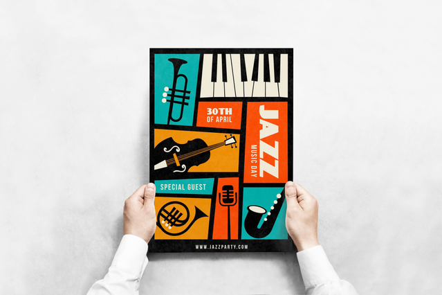 Mani con poster A3 Jazz Party retro strumenti musicali piano tromba. Mani con poster A3 Jazz Party pannelli geometrici retro piano tromba chitarra sassofono. Sprint24.