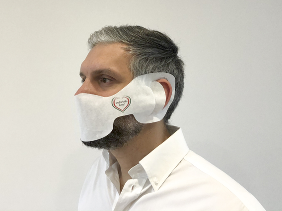Mascherina monouso carta bianca con elastici auricolari. Personalizzabile a colori per protezione brandizzata.