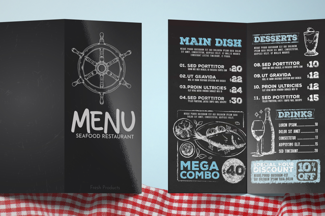 Un menu stampato e plastificato progettato per i locali di ristorazione casual, con un'organizzazione chiara degli articoli del menu, dei prezzi e delle sezioni. La finitura plastificata resistente protegge da versamenti e manipolazioni frequenti, rendendola ideale per ristoranti, pizzerie e servizi di catering che cercano una presentazione professionale.