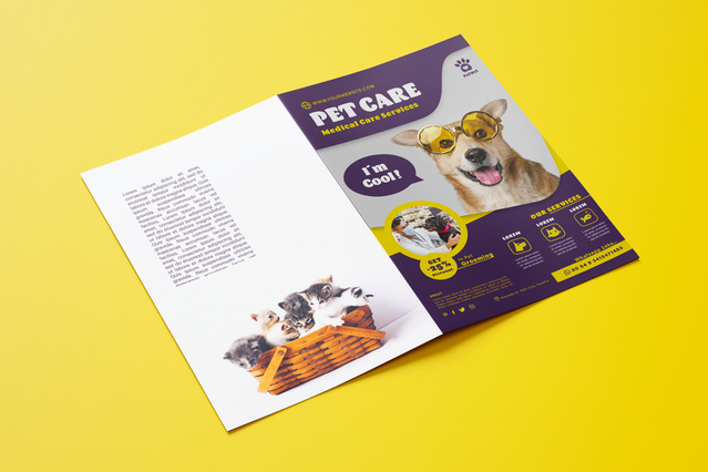 Esempio professionale di stampa A5 pieghevole che mostra un design di brochure tri-piegato per la cura degli animali. Questo campione dimostra come disporre efficacemente testo, immagini e branding su un formato compatto ideale per materiali di marketing e distribuzione di informazioni.
