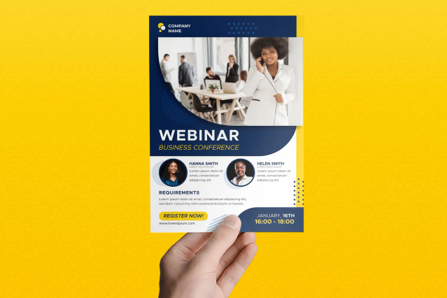 Esempio di volantino webinar professionale stampato in alta qualità, che mostra come il servizio formato volantino di Sprint24 porta i materiali di marketing degli eventi alla vita. Perfetto per promuovere webinar, conferenze e seminari aziendali con layout personalizzati. Questo template di volantino pronto all'uso dimostra la qualità e le opzioni di personalizzazione disponibili per la stampa o…