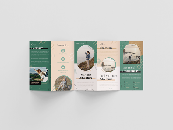 Un pieghevole a fisarmonica 6 ante completamente aperto in verde salvia e beige con ritagli circolari che mostrano una donna esploratrice, un lettore vicino all'acqua e un tramonto costiero — i pannelli recitano 'Start the Adventure', 'Book your next Adventure', 'Why Choose us' e 'Top Travel Destinations'. Le brochure pieghevoli multi-ante personalizzate per agenzie di viaggi e tour operator crea…