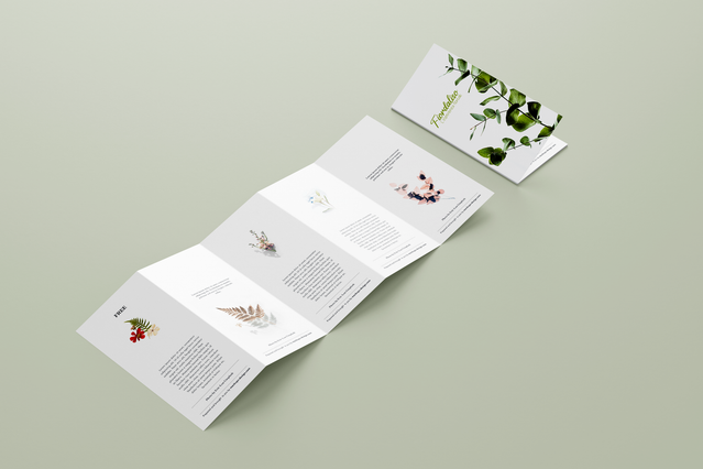 Un pieghevole a 5 ante a fisarmonica aperto con delicate illustrazioni botaniche floreali — rami di pino, bacche, fiori selvatici e viticci — su sfondo verde salvia chiaro, con una versione ripiegata che mostra il design della copertina. I pieghevoli a 5 ante personalizzati con illustrazioni botaniche sono perfetti per fioristi, brand wellness, prodotti biologici e bombonerie ispirate alla natura.