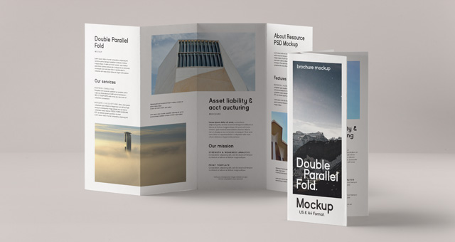 Pieghevole incarto aperto con foto architettonica e pannello asset liability auditing. Sprint24.