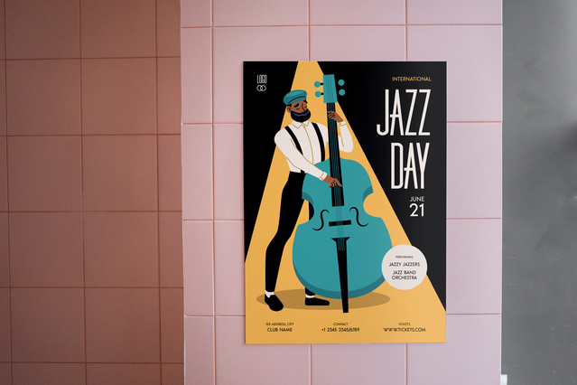 Poster evento musicista jazz violoncello art deco moderno Locandina art deco Jazz Day 21 con musicista stilizzato e tipografia dorata audace. Sprint24.