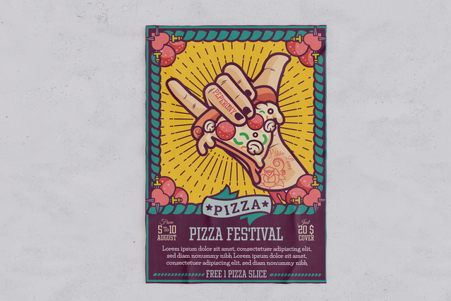 Questo poster del festival pizza mostra un design grafico vibrante perfetto per i manifesti personalizzati 70x100. L'illustrazione colorata e la tipografia audace creano un pezzo promozionale accattivante, ideale per ristoranti ed eventi gastronomici. Stampa questo design ad alta qualità per attirare clienti e promuovere il tuo festival pizza con risultati professionali.