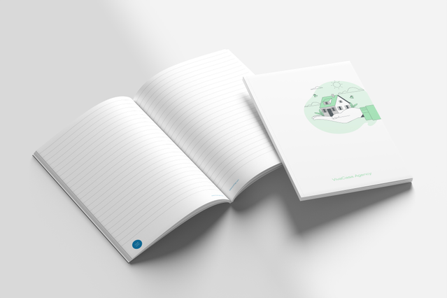 Modello quaderno A4 rilegato pagine a righe per branding aziendale e applicazioni commerciali. Sprint24.