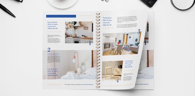 Rivista professionale rilegata a spirale che presenta contenuti design d'interni e ispirazione per l'arredamento. Questa pubblicazione di qualità offre pagine meravigliosamente impaginate, ideali per portfolio di design, progetti editoriali e materiali marketing personalizzati. Crea la tua rivista rilegata a spirale online con il servizio di personalizzazione di Sprint24.