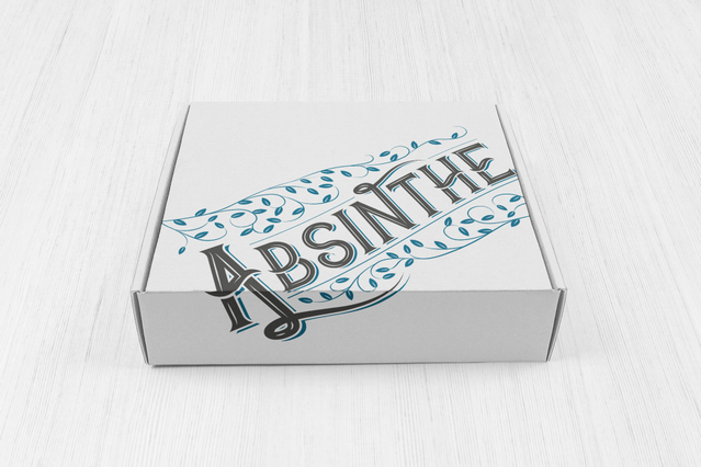 Scatola automontante bianca lettering vintage Absinthe e vite floreale blu sul coperchio. Sprint24.