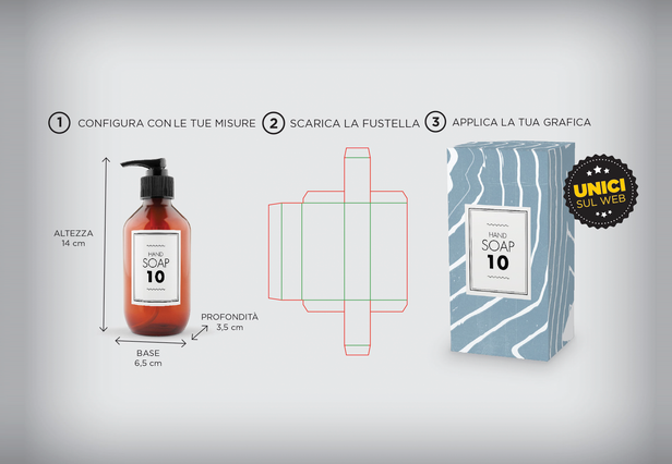 Progetta confezioni personalizzate specificando le tue dimensioni e applicando la tua grafica con i nostri modelli di fustella professionali. L'immagine mostra il processo completo di personalizzazione, dalle misure iniziali alla scatola stampata finita. Ideale per creare packaging su misura che valorizza il tuo brand e i tuoi prodotti.