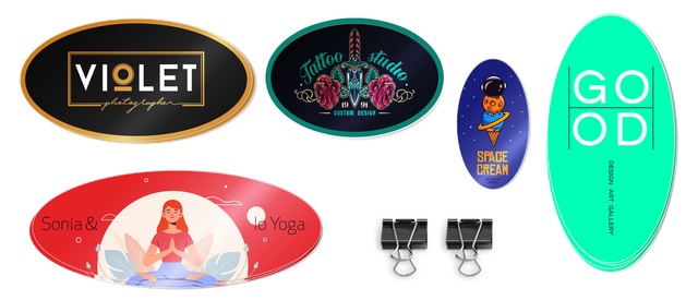 Personalizza adesivi ovali con una varietà di design, dai motivi decorativi ispirati ai tatuaggi ai testi moderni in colori vivaci. I nostri adesivi ovali stampati su materiale PVC adesivo premium garantiscono durabilità e qualità professionale per packaging e branding. Ordina con rapidità e spedizione garantita.