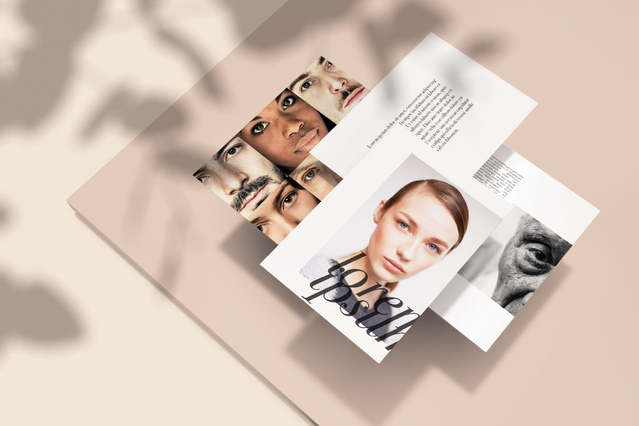 Un assortimento di stampati personalizzati con una pagina ritratto in stile editoriale fashion e supporti sagomati con più volti, disposti su superficie beige con ombra di foglie. Sprint24 stampa ogni tipo di stampato personalizzato con tagli sagomati, nobilitazioni e formati speciali — ideali per campagne editoriali, lookbook e progetti promozionali creativi.